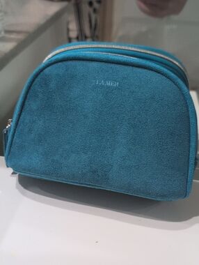 La Mer Small Teal Suede Cosmetic Pouch